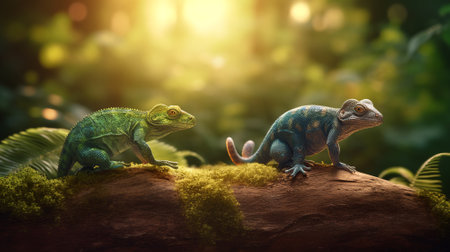 Little cute green blue chameleon lizards sneaks on the branch.の素材