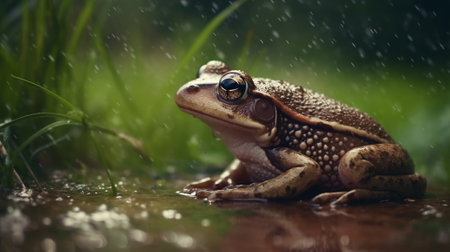 Brown frog seated in a rain puddle.の素材