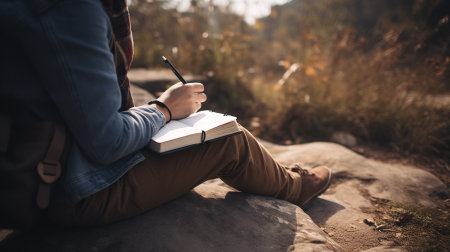 Person hands writing in a journal sitting at mountain rocks on ground. Earth Day.の素材