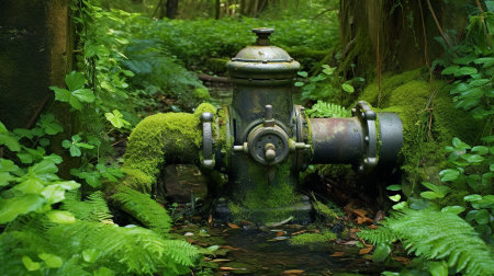 Abandoned water attachment for fire fighters at the base of a river in the forest.の素材