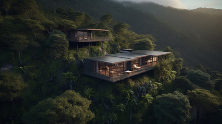 Hideaway house nestled amidst a mountain range enveloped by lush, dense forests, offering a serene and secluded retreat.の素材