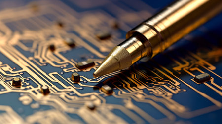 Microcircuit being fixed with soldering iron.の素材