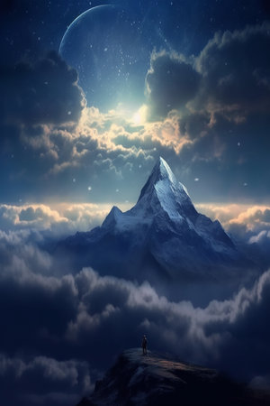 Man watching at night landscape of high mountains above the moon shines through clouds. Vertical view.の素材