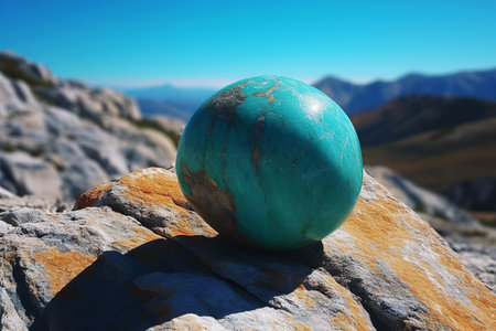 a blue sphere on top of a rocky mountain. minerals concept.の素材