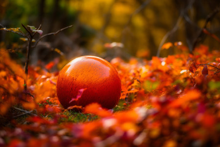 orange sphere in the garden with autumn foliage.の素材