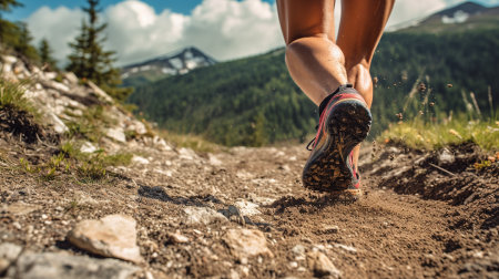 Male feet run through rocky terrain. Cross country running with focus on legs.の素材