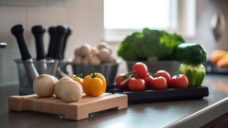 Fresh harvested vegetables on table. Onions, tomatoes, garlic, pepper. Concept of healthy eating.の素材