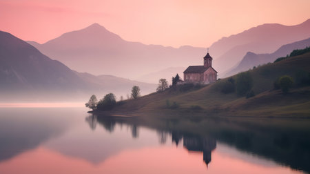 Church in the middle of the lake at sunset with pink sky and reflection at water.の素材
