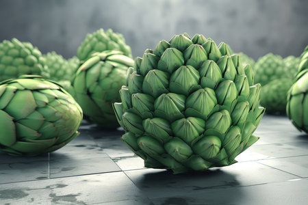 Closeup of fresh green artichoke vegetable on warehouse background. Farming harvest concept.の素材
