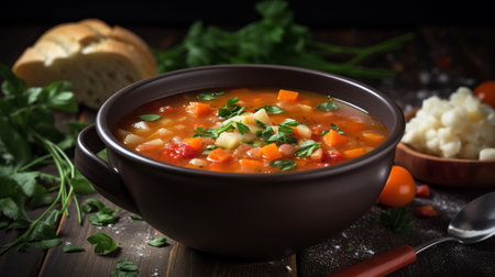 Vegetable Soup in a clay bowl. Healthy food concept.の素材