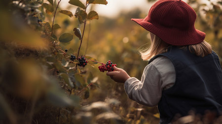 Back view of little girl picking berries in the forest on summer day.の素材