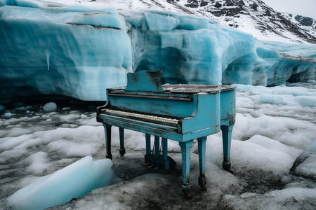 piano inside a frozen ice at glacier landscape.の素材