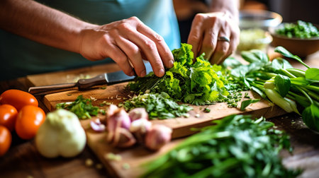 A person meticulously preparing a vibrant and nutritious salad using an array of fresh ingredients.の素材