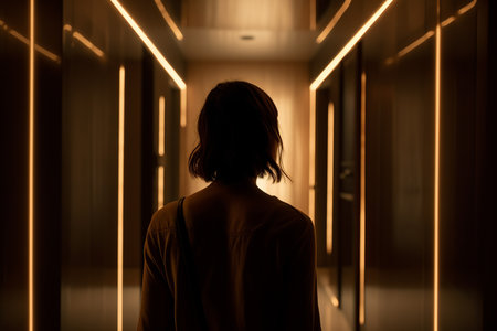 A back view young woman in a hallway, surrounded by visible light fixtures and walls. The girl heard a rustle and is afraid to enter the room. Penetration of robbers conceptの素材