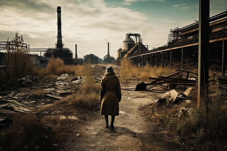 A back view person at a dirt road located near a abandoned factory. Bad impact to ecologyの素材