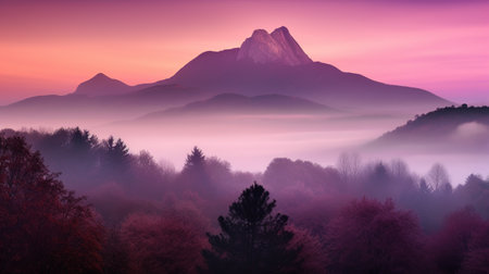 A purple mountain covered in fog is seen with trees in the sunrise foreground.の素材