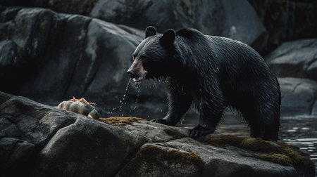 A large black bear confidently stands atop a rock, displaying its impressive size and strength.の素材
