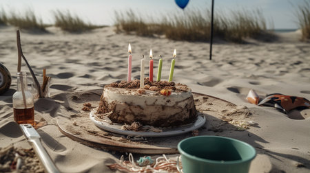 Abandoned birthday cake with candles on a sandy beach. Failed birthday concept.の素材
