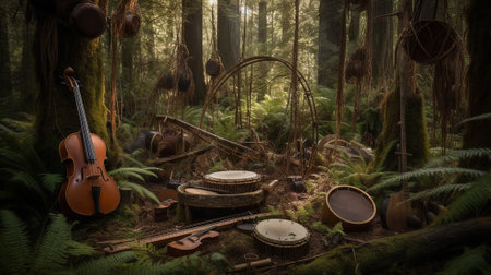 A violin and various musical instruments harmonizing amidst the serenity of the forest.の素材
