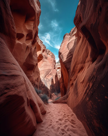 A narrow slot carved into the rocky side of a massive mountain.の素材