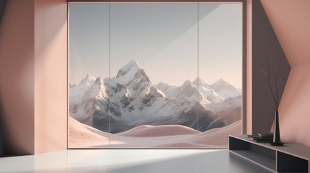 A spacious room with a large window showcasing a stunning view of majestic mountains.の素材