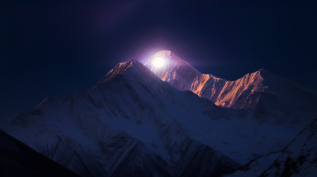 A majestic mountain is illuminated by a bright light shining from the top, casting a luminous glow over the entire landscape.の素材