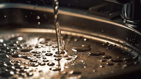 A water cascading from a faucet, transforming an ordinary sink into a stage for liquid harmony.の素材