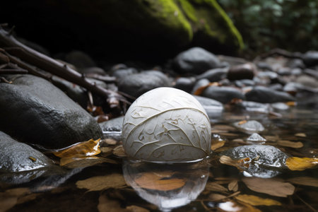 A white ball sits atop a flowing river surrounded by rocks.の素材