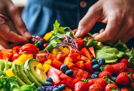 A person meticulously preparing a vibrant and nutritious salad using an array of fresh ingredients. Salad from berries fruits and vegetables.の素材