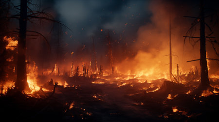 A dense forest becomes engulfed in a captivating display of countless burning trees. Forest fire.の素材