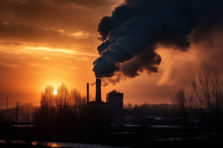 A factory with multiple smokestacks releasing thick plumes of smoke into the air.の素材