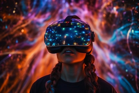 A woman wearing a virtual reality headset, immersing herself in an interactive digital experience.の素材