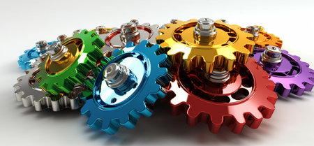 A group of colorful gears sitting on top of each other in a precise arrangement.の素材