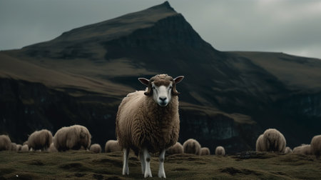 Fluffy brown sheep with horns standing on mountain hills.の素材