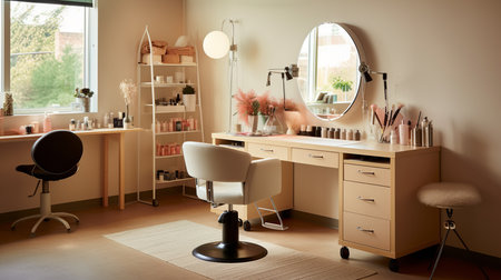 A room setup for hairdressing, featuring a chair, desk, and mirror for styling and grooming.の素材