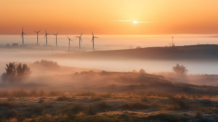 A foggy morning in a field with multiple windmills visible in the distance.の素材