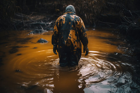 A man wearing a yellow and black jacket is wading through a river contaminated with oil and pollutants.の素材