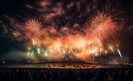 A crowd of people gathered together, watching a fireworks display in the sky.の素材