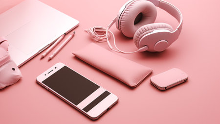 A pink desk set up with a laptop, headphones, and a phone.の素材