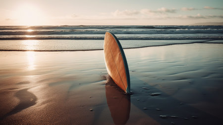 A surfboard sticking out of the sand on a beach, awaiting the next wave to ride.の素材