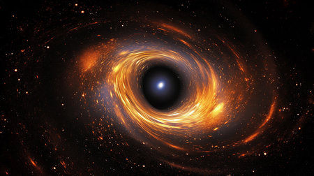 A black hole ominously positioned at the core of a galaxy, showcasing its immense gravitational pull.の素材