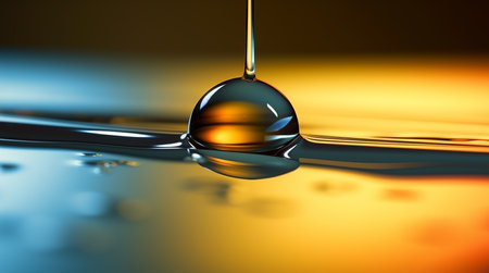 A single water droplet suspended in air, appearing weightless and defying gravity.の素材