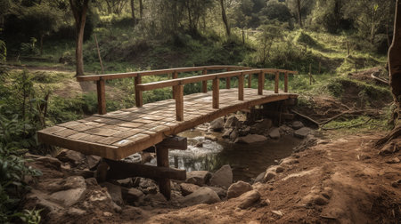 A wooden bridge partially constructed spans a stream in a lush forest setting.の素材