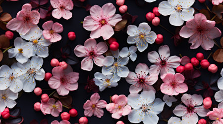 A collection of pink and white flowers arranged on a dark black background in a flat lay style.の素材