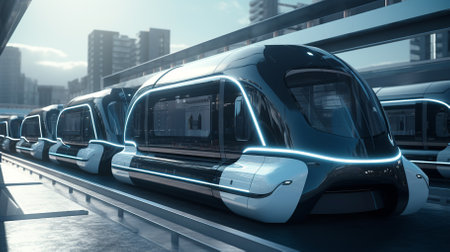 A sleek, futuristic train car is stationary on the steel railway track in an urban setting.の素材