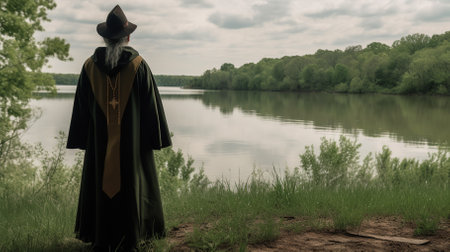 A religious leader in a robe and hat gazes out over a lake, deep in thought.の素材