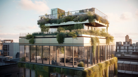 A partially constructed building overrun with a diverse array of plants, creating a green facade.の素材