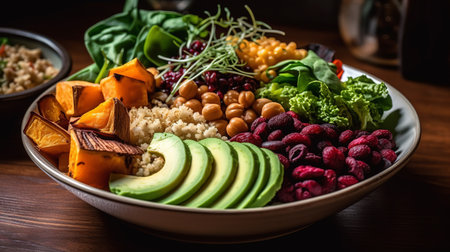 A variety of colorful fruits and vegetables are neatly arranged in a bowl, showcasing a vibrant and healthy vegetarian or vegan meal.の素材