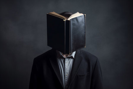 A man in a suit with a book mask on his head. The concept of a well read wise person.の素材