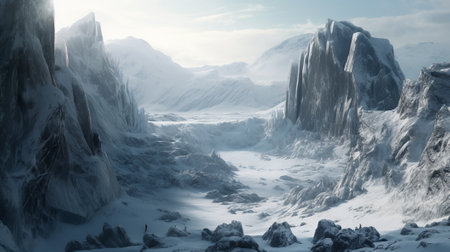 Frigid tundra featuring snow mountain peaks, icy cliffs, and scattered rocks under blanket of snow.の素材